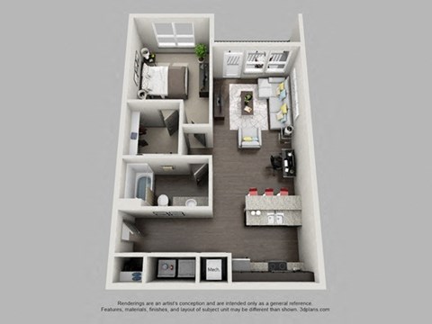 Floor plan for 1 bed, 1 bath, 879 sqft